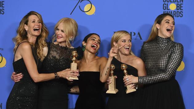 Laura Dern, from left, Nicole Kidman, Zoe Kravitz, Reese Witherspoon and Shailene Woodley pose in the press room with the award for best television limited series or motion picture made for television for Big Little Lies at the 75th annual Golden Globe Awards at the Beverly Hilton Hotel. (Jordan Strauss/Invision/AP) Laura Dern, from left, Nicole Kidman, Zoe Kravitz, Reese Witherspoon and Shailene Woodley pose in the press room with the award for best television limited series or motion picture made for television for Big Little Lies at the 75th annual Golden Globe Awards at the Beverly Hilton Hotel. (Jordan Strauss/Invision/AP)