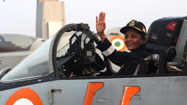 Defence minister Nirmala Sitharaman on board MiG 29K, during the operational manoeuvres of the Western Fleet ships, conducted by the Indian Navy, on Tuesday. (PIB Photo) Defence minister Nirmala Sitharaman on board MiG 29K, during the operational manoeuvres of the Western Fleet ships, conducted by the Indian Navy, on Tuesday. (PIB Photo)