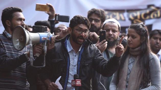 Dalit leader Jignesh Mevani addresses protest rally at Parliament Street in New Delhi on Tuesday.