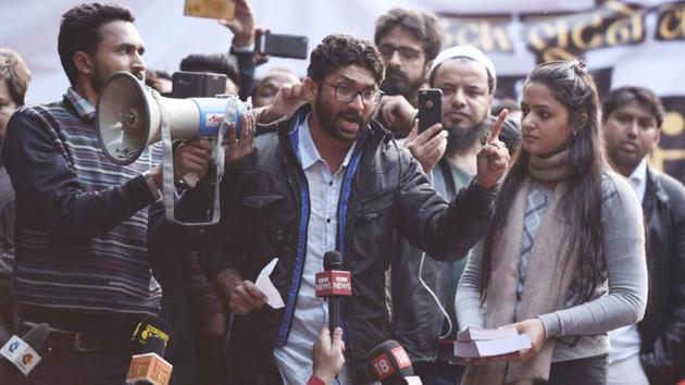 Gujarat MLA and Dalit leader Jignesh Mevani addresses a rally at Parliament street. Mevani arrived at Yuva Hunkar Rally along with farmers’ rights activist Akhil Gogoi, JNU students Shehla Rashid, Umar Khalid and Vinay Ratan Singh of Bhim Army despite police denying permission for the event. (Burhaan Kinu / HT Photo)