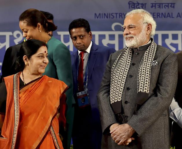 Prime Minister Narendra Modi and external affairs minister Sushma Swaraj during the first PIO-Parliamentarian Conference in New Delhi.(PTI) Prime Minister Narendra Modi and external affairs minister Sushma Swaraj during the first PIO-Parliamentarian Conference in New Delhi.(PTI)