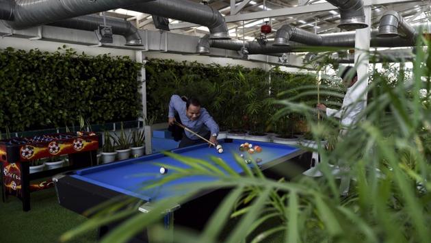 His centre, whose tenants include Amazon, Samsung and Microsoft, is rated among the city’s healthiest buildings, and Meattle says people who work there benefit from improved blood oxygen levels, better brain function, and fewer asthma and eye irritation cases. (Money Sharma / AFP) 