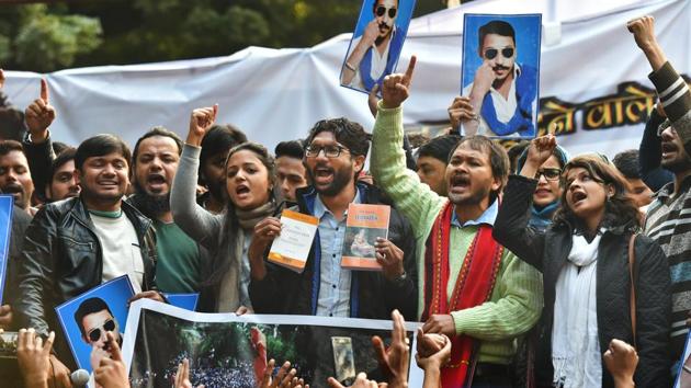 Dalit leader and Gujarat MLA Jignesh Mevani, Shehla Rashid, Kanhaiya Kumar and farmers leader Akhil Gogoi during a rally in New Delhi on Tuesday.(PTI Photo) Dalit leader and Gujarat MLA Jignesh Mevani, Shehla Rashid, Kanhaiya Kumar and farmers leader Akhil Gogoi during a rally in New Delhi on Tuesday.(PTI Photo)