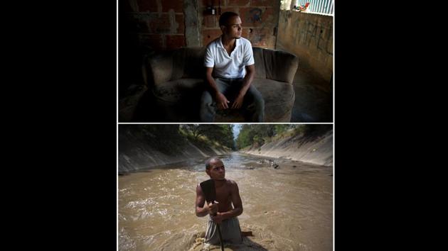 A composite shows Angel Villanueva at home, and in the river where he uses a metal bar to pry the bottom of the waterway. The 25-year-old turned to the river six months ago after losing his job. He earns upto $20 a day scavenging compared to the less than $7 monthly minimum wage for public employees at black market exchange rates. (Ariana Cubillos / AP) A composite shows Angel Villanueva at home, and in the river where he uses a metal bar to pry the bottom of the waterway. The 25-year-old turned to the river six months ago after losing his job. He earns upto $20 a day scavenging compared to the less than $7 monthly minimum wage for public employees at black market exchange rates. (Ariana Cubillos / AP)