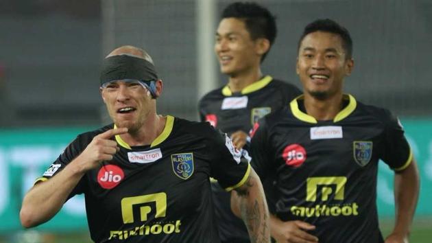 Iain Hume celebrates scoring his hattrick for Kerala Blasters FC in an ISL match versus Delhi Dynamos at the Nehru Stadium in Delhi on Wednesday.(ISL)