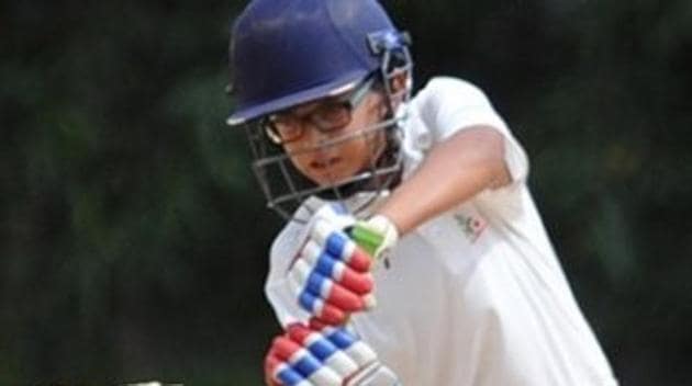 Samit Dravid, son of Rahul Dravid, scored 150 for Mallya Aditi International School in an inter-school cricket tournament.(Twitter)