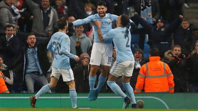 Manchester City's Sergio Aguero celebrates scoring their second goal against Bristol City in the League Cup semi-final on Tuesday. (Reuters) Manchester City's Sergio Aguero celebrates scoring their second goal against Bristol City in the League Cup semi-final on Tuesday. (Reuters)