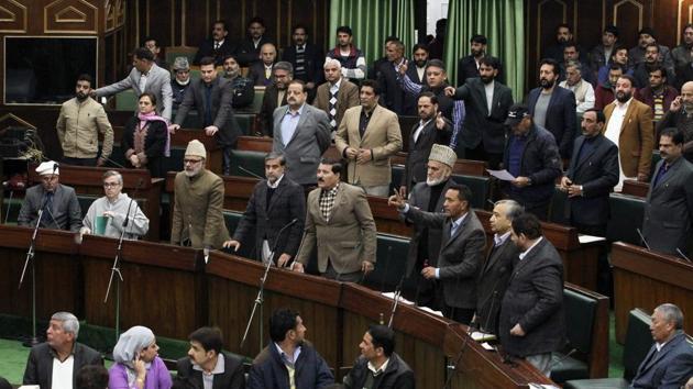 National Conference party members seen during the budget session, in Jammu, on Tuesday. (PTI) National Conference party members seen during the budget session, in Jammu, on Tuesday. (PTI)