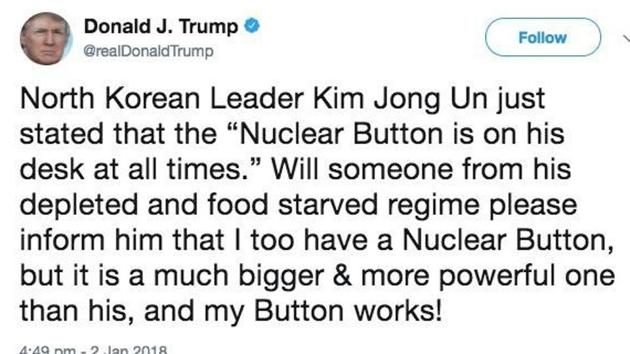 A Tweet from the Twitter account of US President Donald Trump, January 2, 2018. (Reuters) A Tweet from the Twitter account of US President Donald Trump, January 2, 2018. (Reuters)