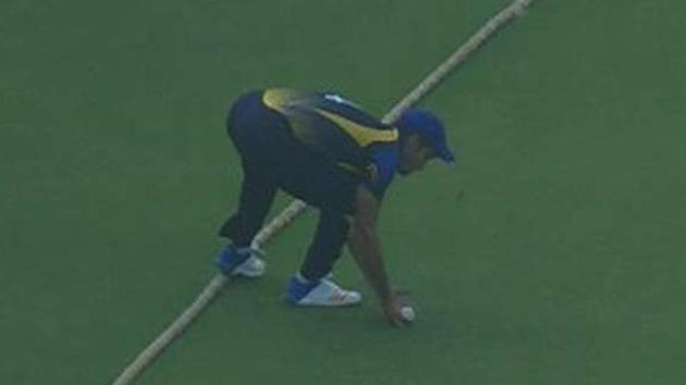 Hyderabad fielder Mehdi Hasan’s foot had touched the rope which attempting to stop a ball at midwicket during the Syed Mushtaq Ali T20 cricket game against Karnataka. (Hotstar video screenshot) Hyderabad fielder Mehdi Hasan’s foot had touched the rope which attempting to stop a ball at midwicket during the Syed Mushtaq Ali T20 cricket game against Karnataka. (Hotstar video screenshot)