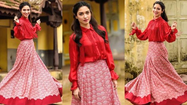 The actor, while promoting her film Sketch, glowed in the scarlet and ivory dress by designer Ridhi Mehra. (Instagram/ tamannaahspeaks and sanjanabatra) The actor, while promoting her film Sketch, glowed in the scarlet and ivory dress by designer Ridhi Mehra. (Instagram/ tamannaahspeaks and sanjanabatra)