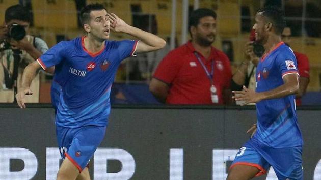 Manuel Lanzarote (L) celebrates after scoring for FC Goa against Jamshedpur FC in the Indian Super League on Thursday. (ISL) Manuel Lanzarote (L) celebrates after scoring for FC Goa against Jamshedpur FC in the Indian Super League on Thursday. (ISL)