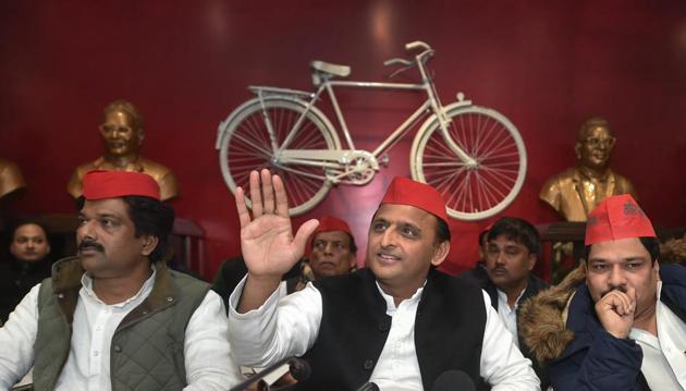 Former Uttar Pradesh chief minister and Samajwadi Party president Akhilesh Yadav with party leaders at a press conference in Lucknow on Thursday. (PTI) Former Uttar Pradesh chief minister and Samajwadi Party president Akhilesh Yadav with party leaders at a press conference in Lucknow on Thursday. (PTI)
