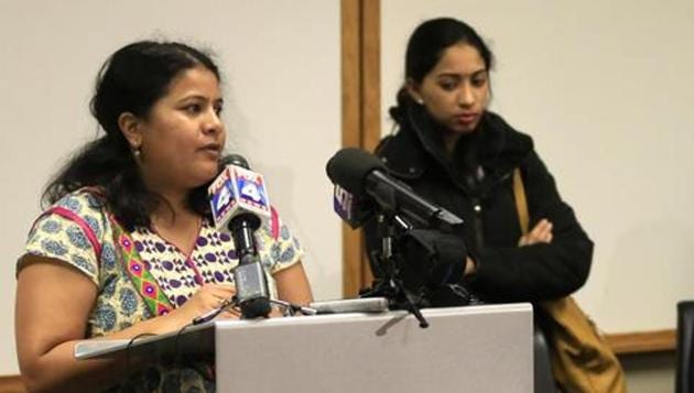 Sunayana Dumala, left, talks about her late husband, Srinivas Kuchibhotla, during a news conference at Garmin Headquarters in Olathe, Kansas, February 24, 2017. (AP File Photo) Sunayana Dumala, left, talks about her late husband, Srinivas Kuchibhotla, during a news conference at Garmin Headquarters in Olathe, Kansas, February 24, 2017. (AP File Photo)