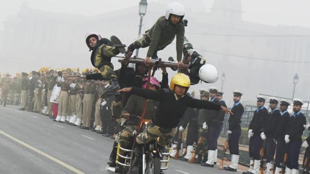 As per the tradition of the Republic Day parade, the BSF and the Army’s bike-borne daredevils, end ceremonies riding their roaring bikes alternatively every year. “This time it was the BSF’s turn and they have sent in their women contingent. It will be the first time that women bikers will be part of the Republic Day parade,” a senior official said. (Vipin Kumar / HT Photo) 