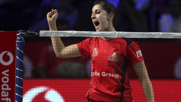 Carolina Marin of Hyderabad Hunters celebrates scoring a point against Kirsty Gilmour of Bengaluru Blasters in their Premier Badminton League encounter. (AP) Carolina Marin of Hyderabad Hunters celebrates scoring a point against Kirsty Gilmour of Bengaluru Blasters in their Premier Badminton League encounter. (AP)