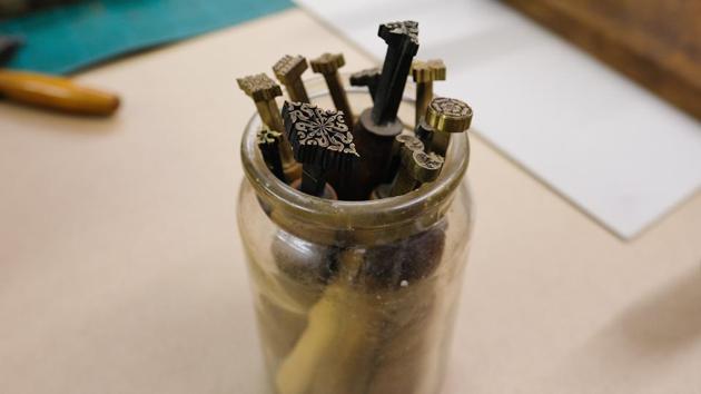 Guilding tools stored in a jar in Cole’s workshop, the head bookbinder. (Ian Forsyth / Getty Images)