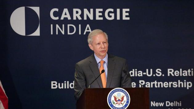 US ambassador to India Kenneth Juster speaks on the US-India relations in New Delhi on Thursday.(PTI Photo)