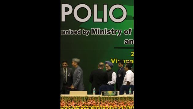 Former Prime Minister Dr. Manmohan Singh with Ghulam Nabi Azad and others during the inauguration of the Polio Summit 2012. (Sushil Kumar / HT Photo)