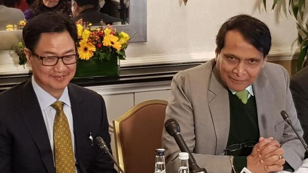 Minister for commerce and industry Suresh Prabhu and minister of state for home Kiren Rijiju address the media in London on January 12, 2018.(HT Photo)