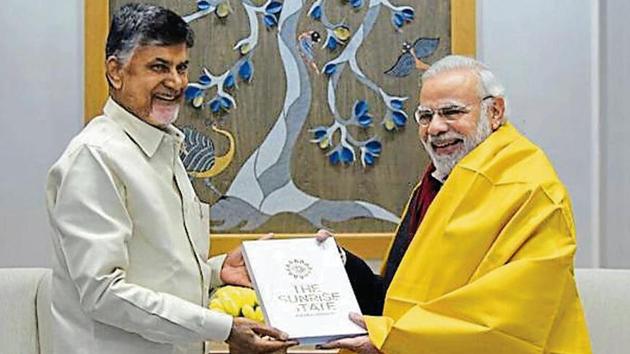 Andhra Pradesh chief minister N Chandrababu Naidu submitted a memorandum to Prime Minister Narendra Modi listing several demands of the state. (HT Photo) Andhra Pradesh chief minister N Chandrababu Naidu submitted a memorandum to Prime Minister Narendra Modi listing several demands of the state. (HT Photo)