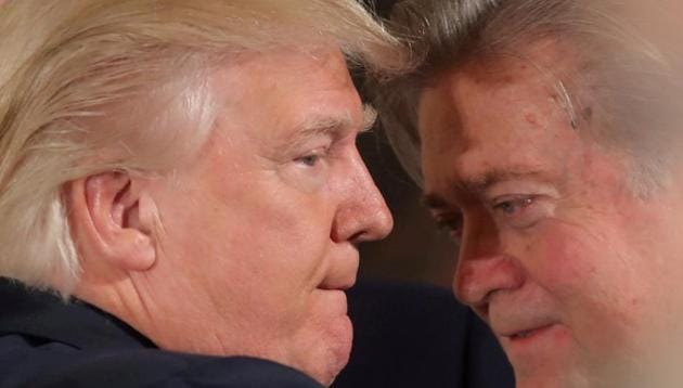 File photo of US President Donald Trump talking to former chief strategist Steve Bannon. (Reuters) File photo of US President Donald Trump talking to former chief strategist Steve Bannon. (Reuters)
