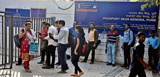 Passport office at Mundhwa. Besides changes in address, MEA is also considering changes in colour of passport.(Shankar Narayan/HT Photo) Passport office at Mundhwa. Besides changes in address, MEA is also considering changes in colour of passport.(Shankar Narayan/HT Photo)