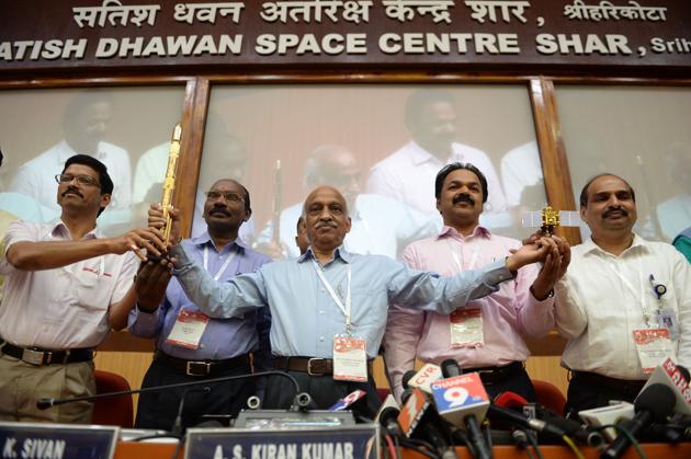 ISRO chairman AS Kiran Kumar (C) and other members brief the media after the launch. Kumar said he was “happy to give this new year gift to the country” and that today’s launch proves that the problems faced during the last PSLV mission were properly addressed and rectified. (AFP)