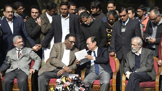 Supreme Court judge Jasti Chelameswar along justices Ranjan Gogoi, Madan Lokur and Kurian Joseph during a press conference in New Delhi on Friday.(PTI Photo) Supreme Court judge Jasti Chelameswar along justices Ranjan Gogoi, Madan Lokur and Kurian Joseph during a press conference in New Delhi on Friday.(PTI Photo)