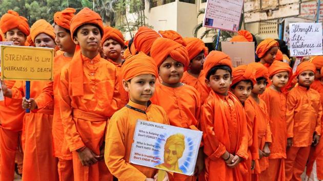 Children celebrate 155th birth anniversary of Swami Vivekananda, one of the India’s most revered spiritual in Chennai. (PTI) Children celebrate 155th birth anniversary of Swami Vivekananda, one of the India’s most revered spiritual in Chennai. (PTI)