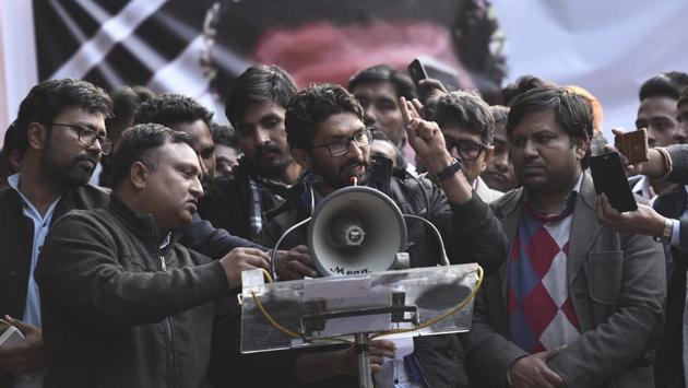 Newly-elected Gujarat MLA and Dalit leader Jignesh Mevani launched an attack against the ruling BJP during the ‘Yuva Hunkar’ rally at Parliament street on Tuesday. Former and current JNU student leaders, including Kanhaiya Kumar, Shehla Rashid and Umar Khalid and Assam farmers leader Akhil Gogoi also spoke at the rally. (Burhaan Kinu / HT PHOTO) Newly-elected Gujarat MLA and Dalit leader Jignesh Mevani launched an attack against the ruling BJP during the ‘Yuva Hunkar’ rally at Parliament street on Tuesday. Former and current JNU student leaders, including Kanhaiya Kumar, Shehla Rashid and Umar Khalid and Assam farmers leader Akhil Gogoi also spoke at the rally. (Burhaan Kinu / HT PHOTO)