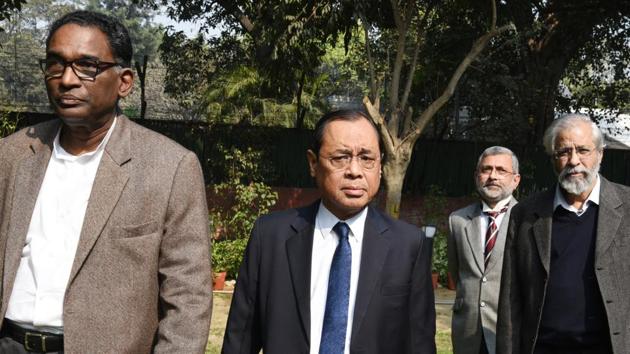 Supreme Court Judges J Chelameswar, Ranjan Gogoi, Kurian Joseph, and Madan Lokur in New Delhi. The unprecedented press conference by four judges on Friday exposed a rift within the Supreme Court collegium which came just a day after it recommended fresh appointments of judges to the Centre. (Arvind Yadav / HT PHOTO) Supreme Court Judges J Chelameswar, Ranjan Gogoi, Kurian Joseph, and Madan Lokur in New Delhi. The unprecedented press conference by four judges on Friday exposed a rift within the Supreme Court collegium which came just a day after it recommended fresh appointments of judges to the Centre. (Arvind Yadav / HT PHOTO)