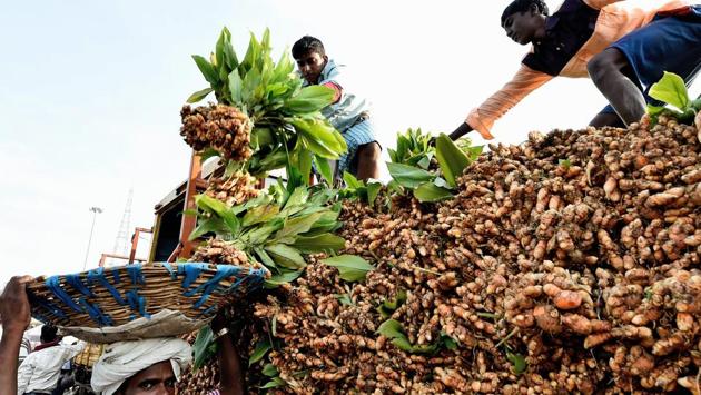 Vendors unloading turmeric for sale at Koyambedu vegetable market on the occasion of Pongal festival in Chennai. (PTI)