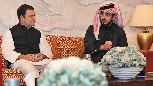 Congress President Rahul Gandhi meeting Prince Shaikh Khalid bin Hamad Al Khalifa at the Al Wadi Palace, Bahrain on Monday. Gandhi gifted to the prince "The Discovery of India" and other books, which were written by Pandit Jawaharlal Nehru while being in prison during the British rule. (PTI) Congress President Rahul Gandhi meeting Prince Shaikh Khalid bin Hamad Al Khalifa at the Al Wadi Palace, Bahrain on Monday. Gandhi gifted to the prince "The Discovery of India" and other books, which were written by Pandit Jawaharlal Nehru while being in prison during the British rule. (PTI)