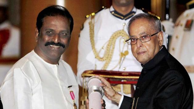 Tamil poet-lyricist Vairamuthu, receiving the Padma Bhushan from then President Pranab Mukherjee, is accused of hurting religious sentiments. (PTI file photo) Tamil poet-lyricist Vairamuthu, receiving the Padma Bhushan from then President Pranab Mukherjee, is accused of hurting religious sentiments. (PTI file photo)