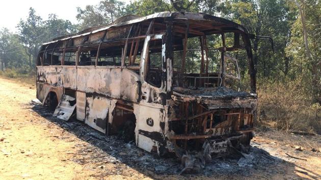 The bus that was torched by Maoists in Bastar region of Chhattisgarh. (HT Photo) The bus that was torched by Maoists in Bastar region of Chhattisgarh. (HT Photo)