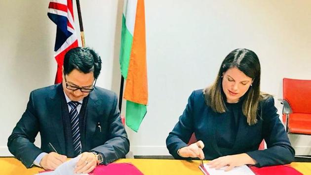The memorandums of understanding (MOUs) were signed by UK’s Minister of Immigration Caroline Nokes and India’s Minister of Home Affairs Kiren Rijiju on Thursday. (Twitter Photo) The memorandums of understanding (MOUs) were signed by UK’s Minister of Immigration Caroline Nokes and India’s Minister of Home Affairs Kiren Rijiju on Thursday. (Twitter Photo)