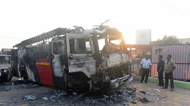Remain of a fire brigade van that was torched at Bhima Koregaon on Tuesday. (Pratham Gokhale/HT Photo) 