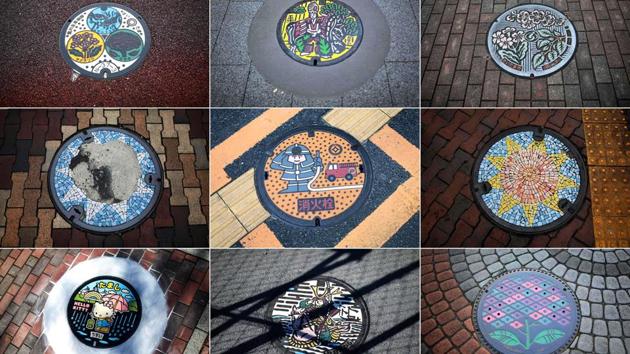 A combo photo shows designed manhole covers in different cities of Japan. Japan’s sewerage industry has found a way to clean up its dirty and smelly image with elaborately designed and colourful manhole covers of 12,000 local varieties nationwide – including of course, a Hello Kitty design. They represent an instant guide to a place featuring its history, folklore, or speciality goods. (Behrouz Mehri / AFP) A combo photo shows designed manhole covers in different cities of Japan. Japan’s sewerage industry has found a way to clean up its dirty and smelly image with elaborately designed and colourful manhole covers of 12,000 local varieties nationwide – including of course, a Hello Kitty design. They represent an instant guide to a place featuring its history, folklore, or speciality goods. (Behrouz Mehri / AFP)