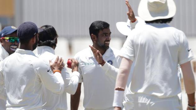 Indian cricket team’s Ravichandran Ashwin (C) celebrates the dismissal of South Africa cricket team’s Dean Elgar (not in picture) during the first day of the second Test at Supersport cricket ground in Centurion on Saturday. (AFP) Indian cricket team’s Ravichandran Ashwin (C) celebrates the dismissal of South Africa cricket team’s Dean Elgar (not in picture) during the first day of the second Test at Supersport cricket ground in Centurion on Saturday. (AFP)