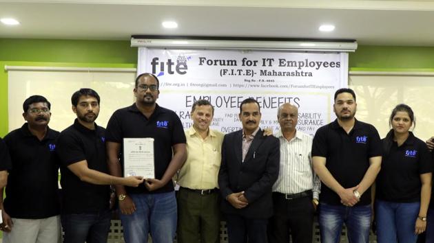 (From left) E Raja, Girish Bhave, Advocate Anoop Awasthi, Dilip Pawar, Harpreet Sahuja and Padmaja Pawar and others have formed Forum for IT Employees in Pune on Saturday. (Rahul Raut/HT PHOTO) (From left) E Raja, Girish Bhave, Advocate Anoop Awasthi, Dilip Pawar, Harpreet Sahuja and Padmaja Pawar and others have formed Forum for IT Employees in Pune on Saturday. (Rahul Raut/HT PHOTO)