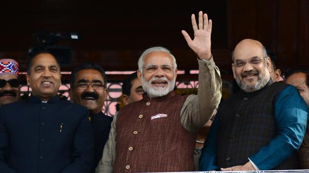 After the oath taking ceremony of chief minister of Himachal Pradesh Prime Minister Narendra Modi with BJP national president Amit Shah and chief minister Jai Ram Thakur. (HT File Photo) After the oath taking ceremony of chief minister of Himachal Pradesh Prime Minister Narendra Modi with BJP national president Amit Shah and chief minister Jai Ram Thakur. (HT File Photo)