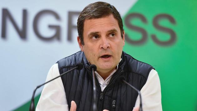 Congress President Rahul Gandhi addresses a press conference at AICC in New Delhi on Friday.(PTI)