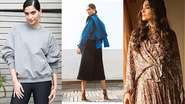 Taking risks with her sartorial choices, actor Sonam Kapoor is wearing one memorable look after another: From a dramatic structured blue shirt by Georgian designer Gvantsa Janashia (centre) to a casual oversized Fear of God sweatshirt (left) and an Anamika Khanna dress (right).((Instagram/ Sonam Kapoor))