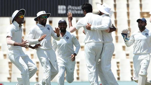 Jasprit Bumrah once again struck by trapping Hashim Amla LBW for 1 as South Africa were reduced to 3/2. (BCCI) Jasprit Bumrah once again struck by trapping Hashim Amla LBW for 1 as South Africa were reduced to 3/2. (BCCI)