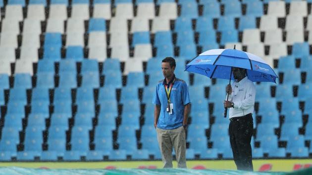 There was a short rain delay for close to an hour as South Africa looked to rebuild. (BCCI) There was a short rain delay for close to an hour as South Africa looked to rebuild. (BCCI)
