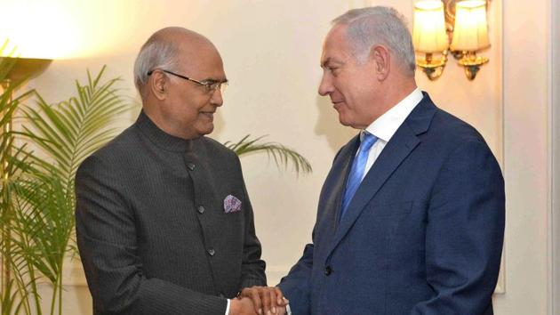 Prime Minister of Israel Benjamin Netanyahu calls on President Ram Nath Kovind at Rashtrapati Bhavan in New Delhi on Monday. (PTI Photo) Prime Minister of Israel Benjamin Netanyahu calls on President Ram Nath Kovind at Rashtrapati Bhavan in New Delhi on Monday. (PTI Photo)