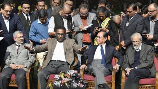 Supreme Court judge Jasti Chelameswar along jusctice Ranjan Gogoi, Madan Lokur and Kurian Joseph during a press conference in New Delhi on Friday. (PTI Photo) Supreme Court judge Jasti Chelameswar along jusctice Ranjan Gogoi, Madan Lokur and Kurian Joseph during a press conference in New Delhi on Friday. (PTI Photo)