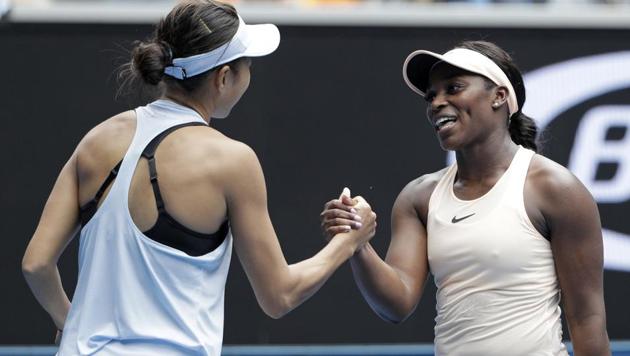 China's Zhang Shuai (L) is congratulated by United States' Sloane Stephens after winning their first round match at the Australian Open tennis championships in Melbourne. (AP) China's Zhang Shuai (L) is congratulated by United States' Sloane Stephens after winning their first round match at the Australian Open tennis championships in Melbourne. (AP)