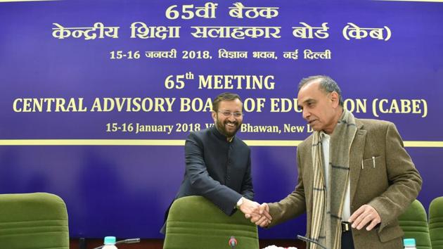 Union HRD Minister Prakash Javadekar during the second day of 65th meeting of Central Advisory Board of Education (CABE) at Vigyan Bhavan in New Delhi on Tuesday. (PTI)